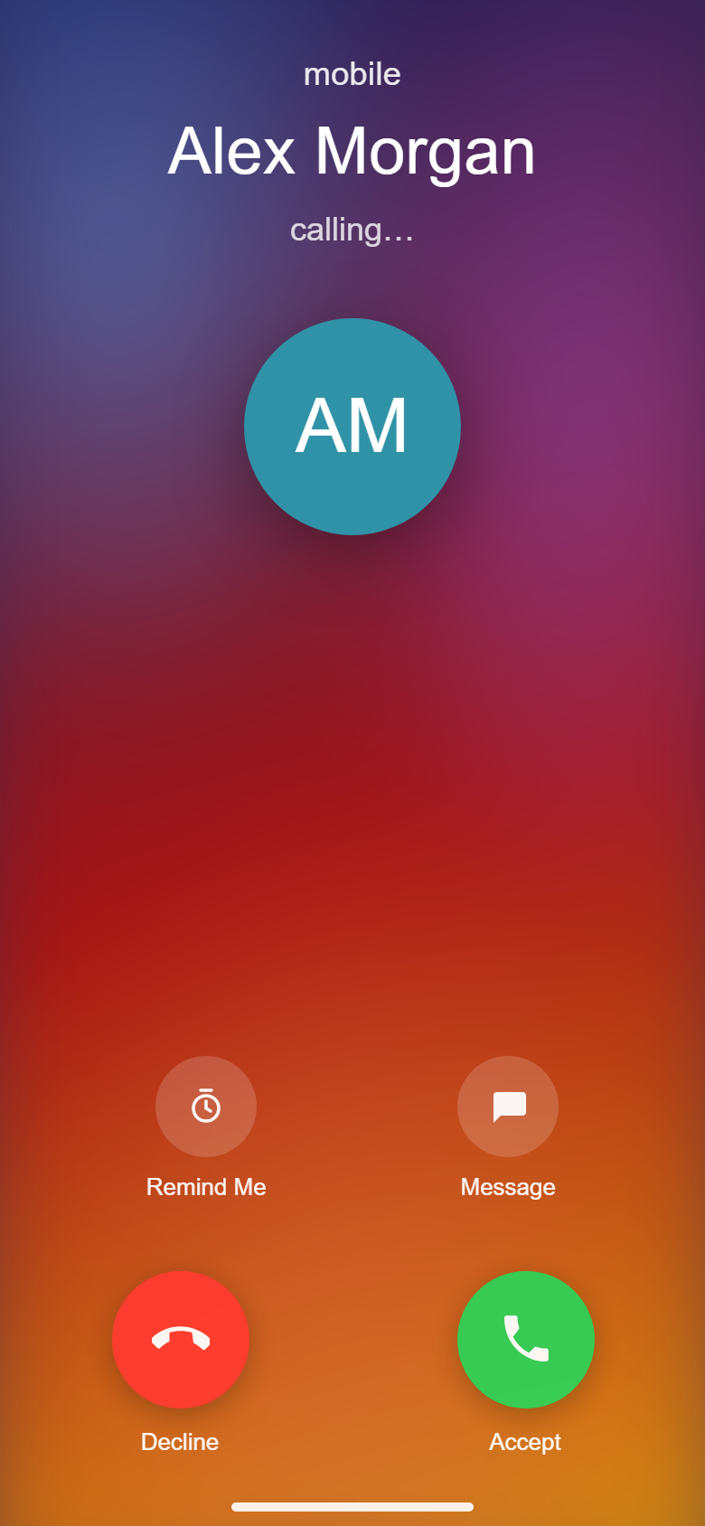 iOS-style incoming call from Alex Morgan with Decline and Accept