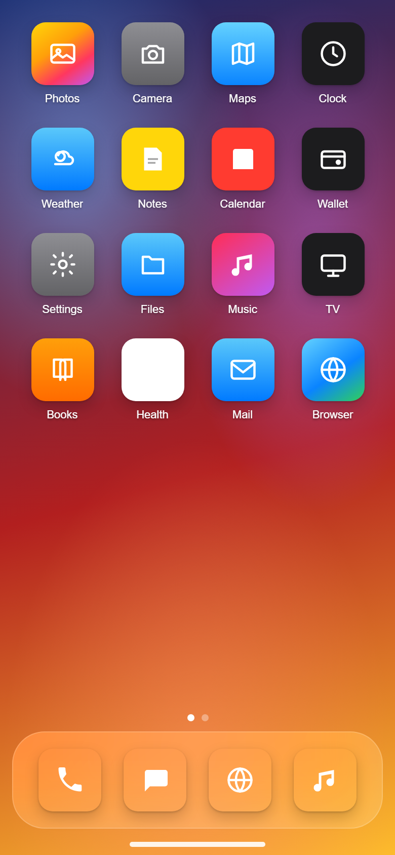 iOS-style home screen with app icons and dock