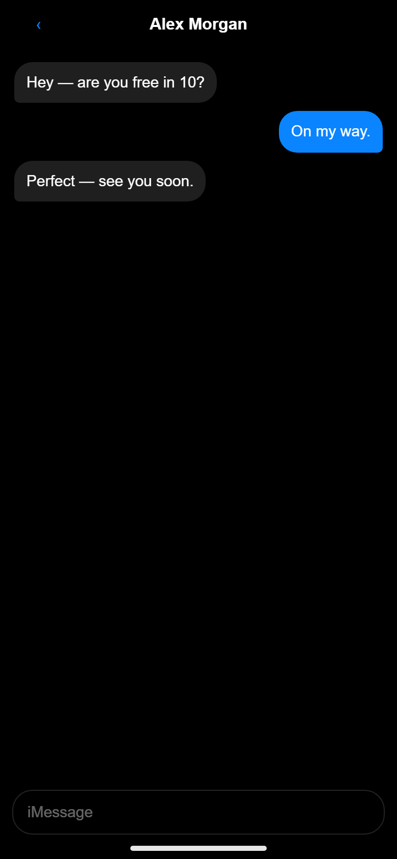 iOS-style Messages thread with blue and gray bubbles