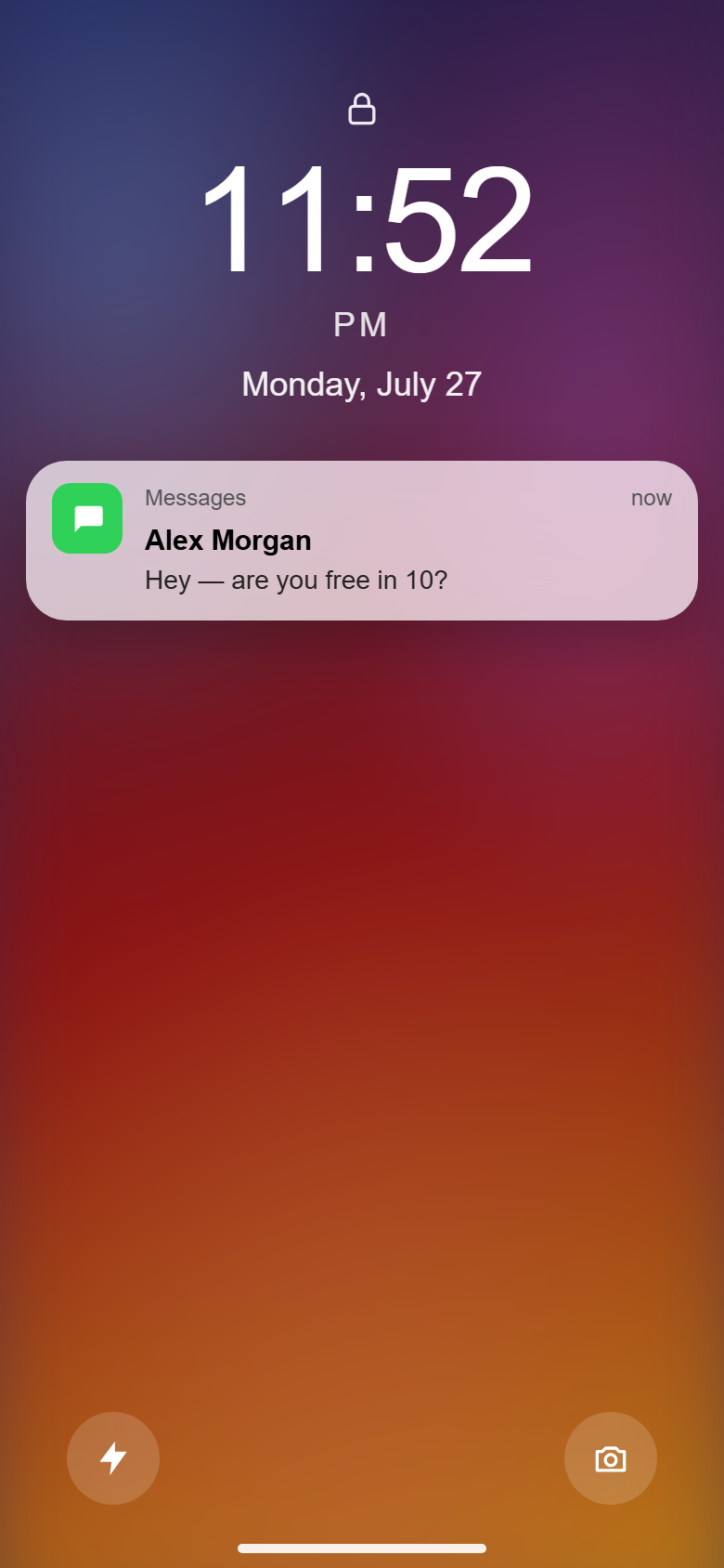 Lock screen with a Messages notification from Alex Morgan