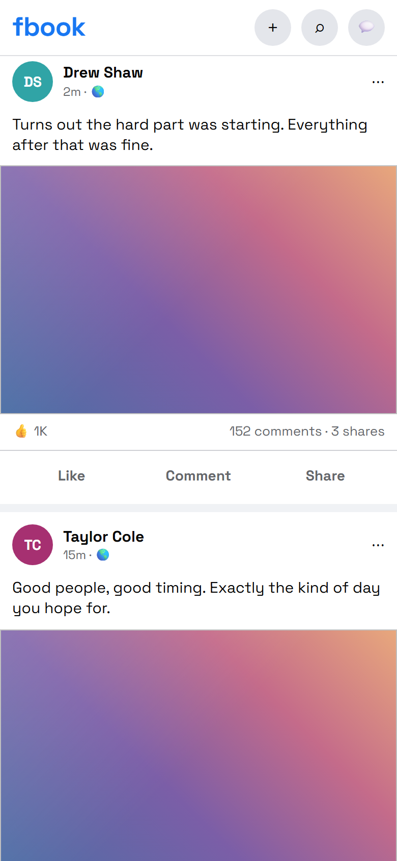 fbook-style social feed with posts and engagement row